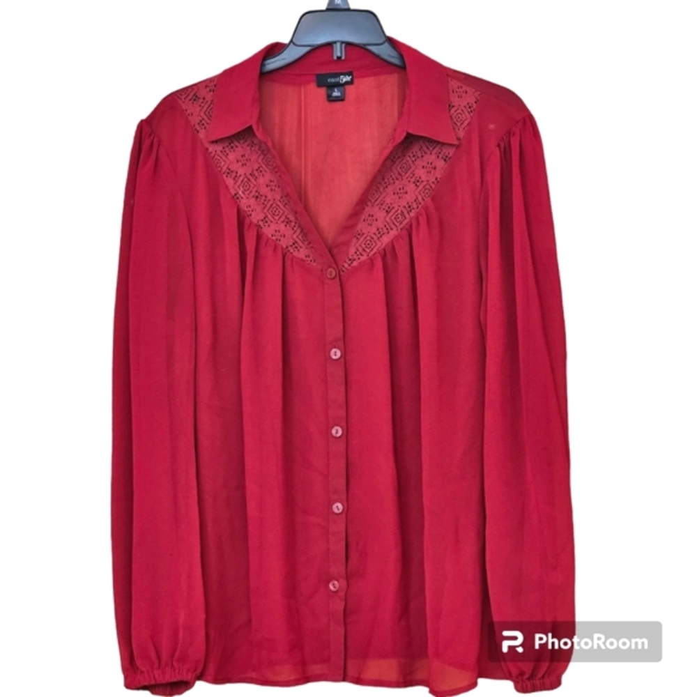 East 5th Women's Scarlet Red Chiffon Lace Panel  Sheer Blouse, Size L